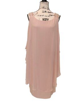 Xscape Blush Pink Beaded Shoulder Cold Shoulder Cape Chiffon Cocktail Dress 18W